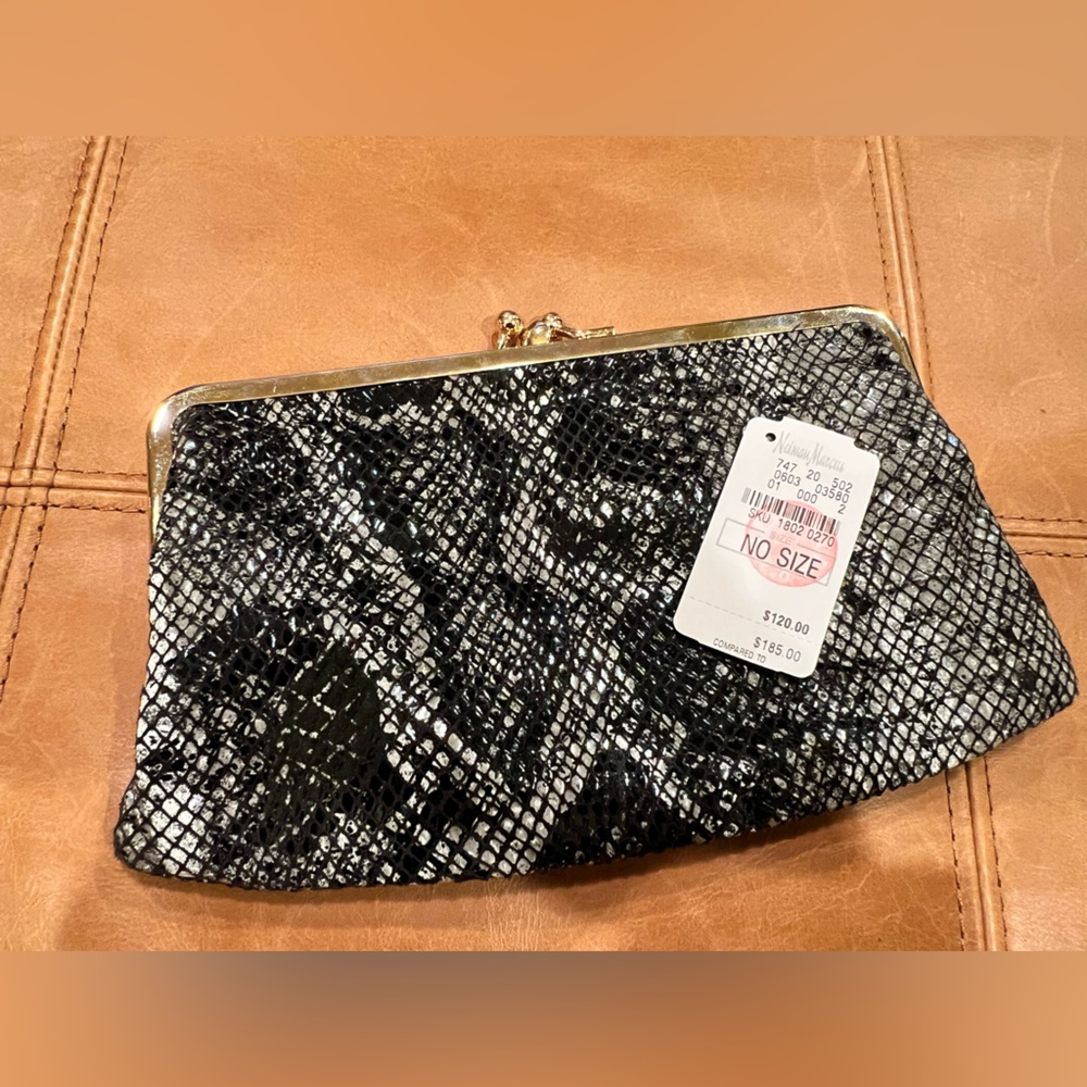Neiman Marcus NWT Snake Skin Double Kiss Lock Clutch Bag